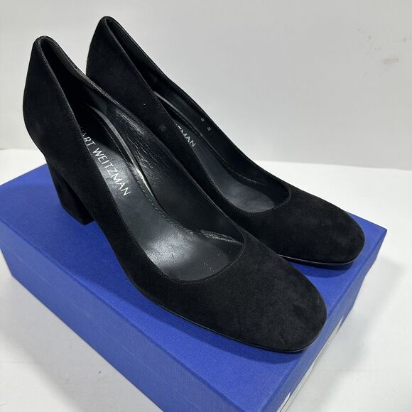 Stuart Weitzman Mary Pump Square Toe Block Heel Black Suede Women 8 N NIB $475 - Picture 7 of 10
